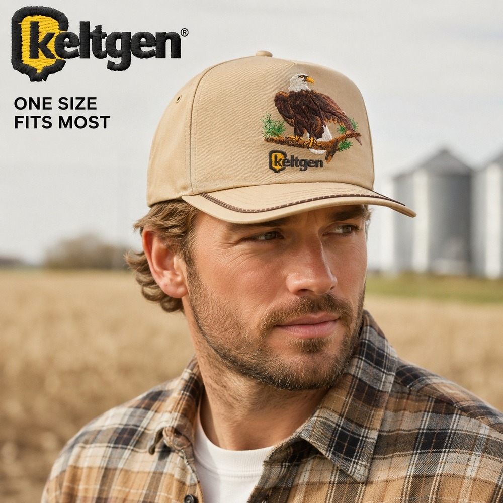 Vintage Keltgen Seed Corn Eagle Trucker Hat Tan Snapback Made USA Design Gee Cee